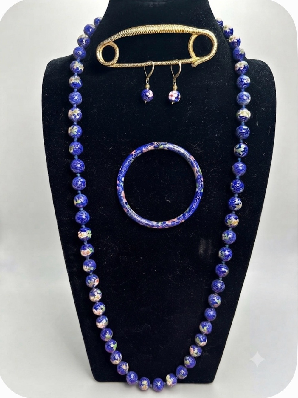 VTG Large 14mm Hand Knotted Cobalt Blue Cloisonné Beaded Necklace set